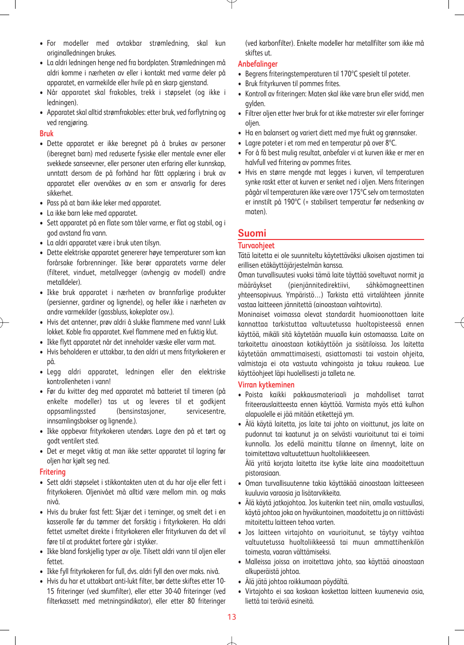 Suomi | Tefal FF1024 User Manual | Page 13 / 32