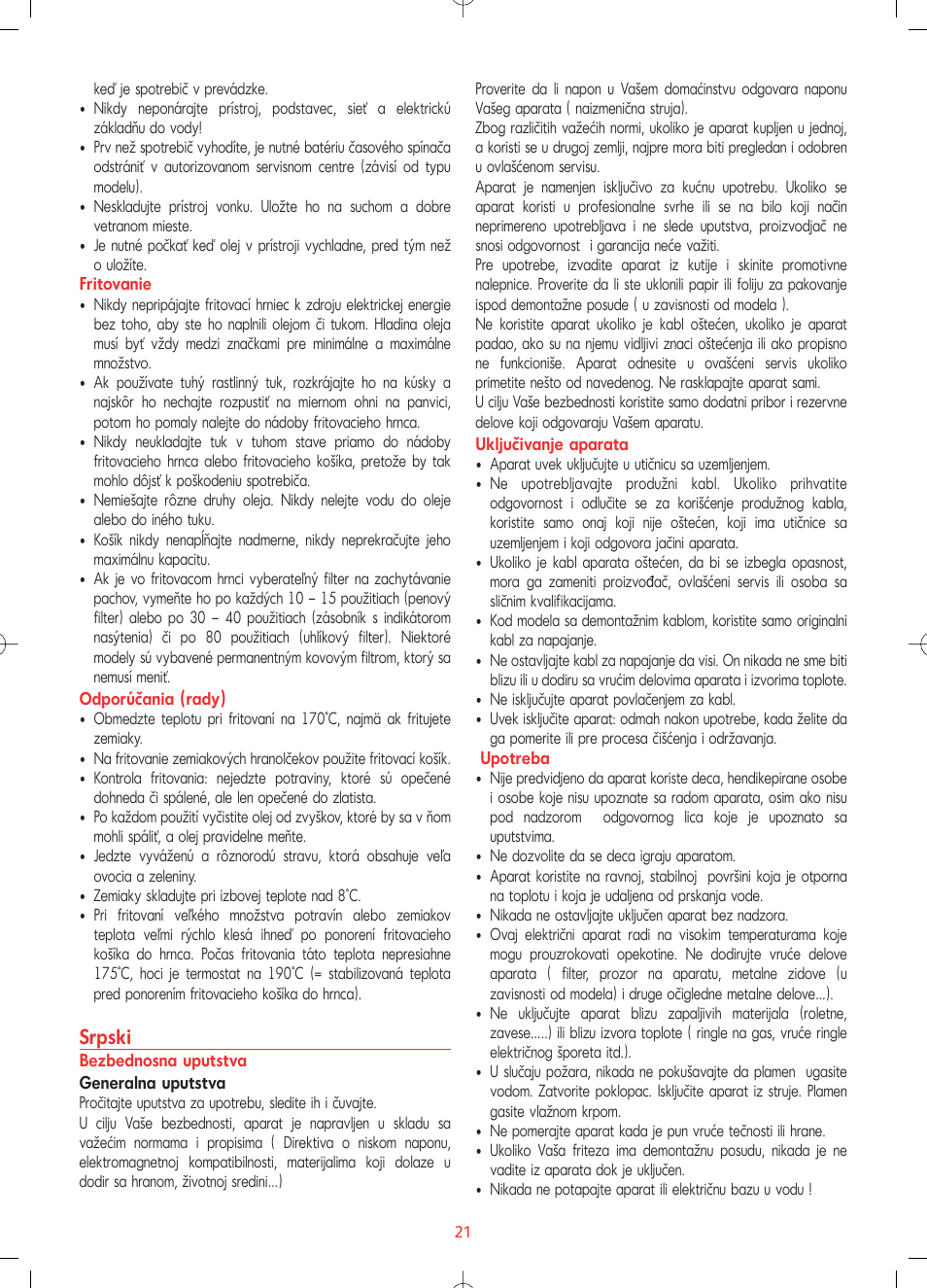 Srpski | Tefal FF1024 User Manual | Page 21 / 32