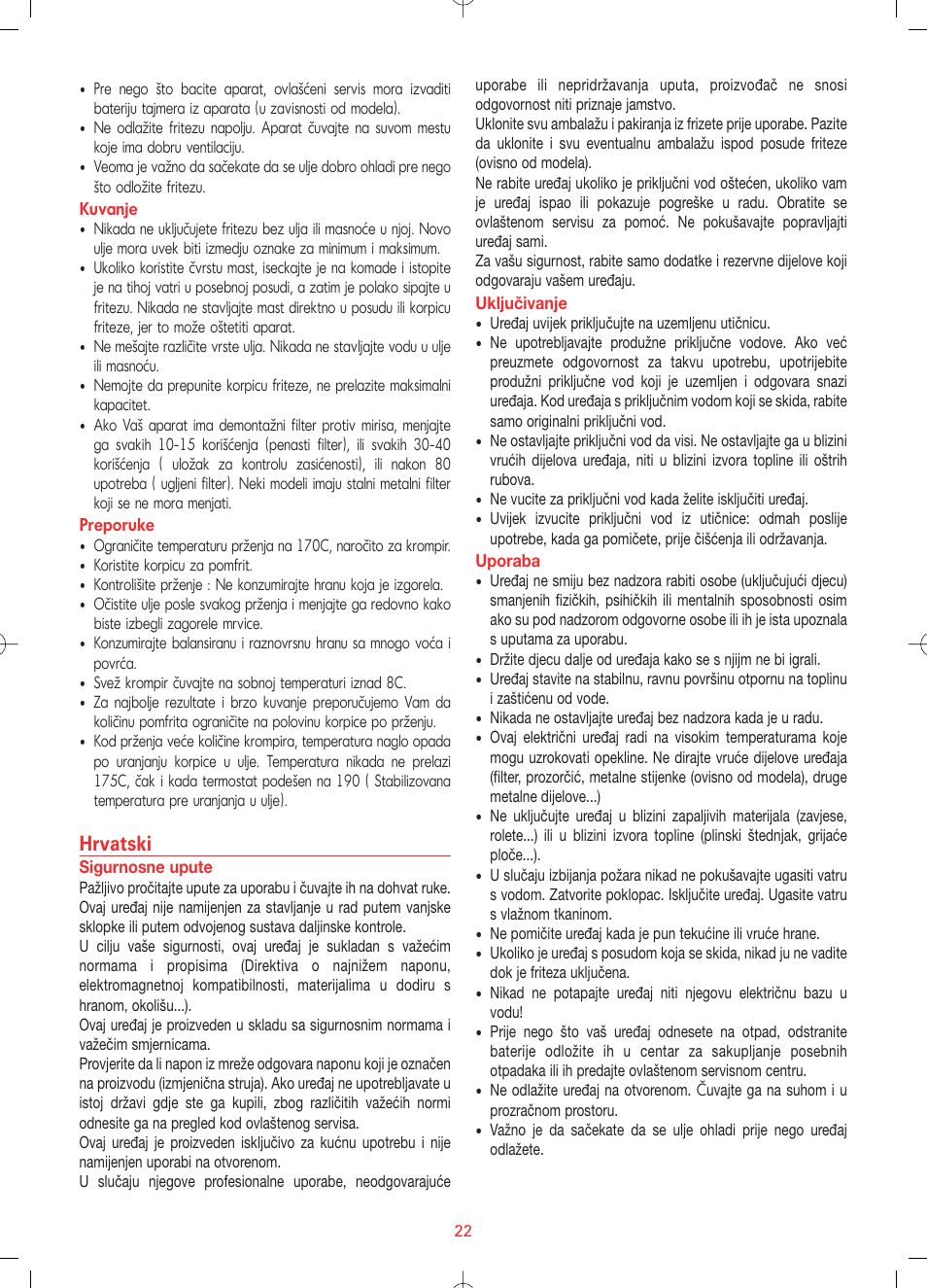 Hrvatski | Tefal FF1024 User Manual | Page 22 / 32