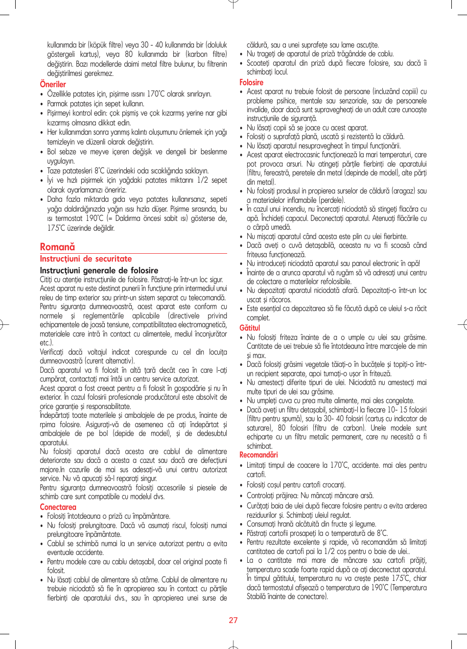Romană | Tefal FF1024 User Manual | Page 27 / 32