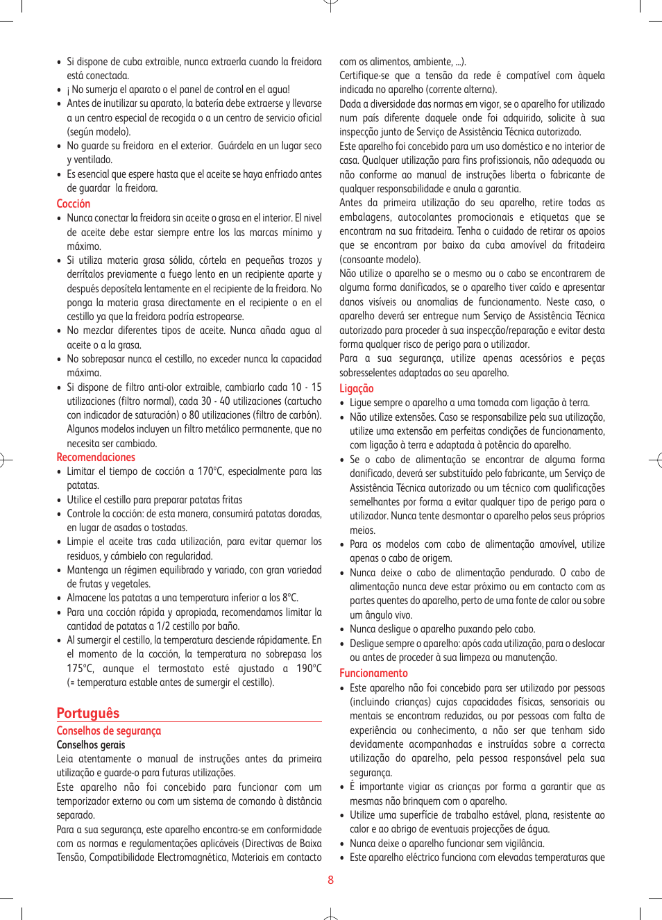 Português | Tefal FF1024 User Manual | Page 8 / 32