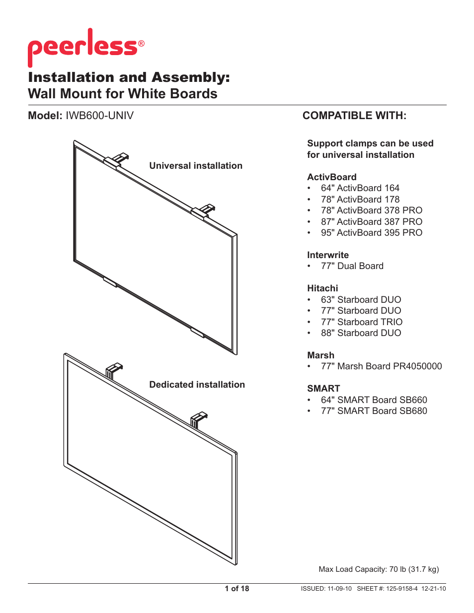 Peerless-AV IWB600-UNIV - Installation User Manual | 18 pages