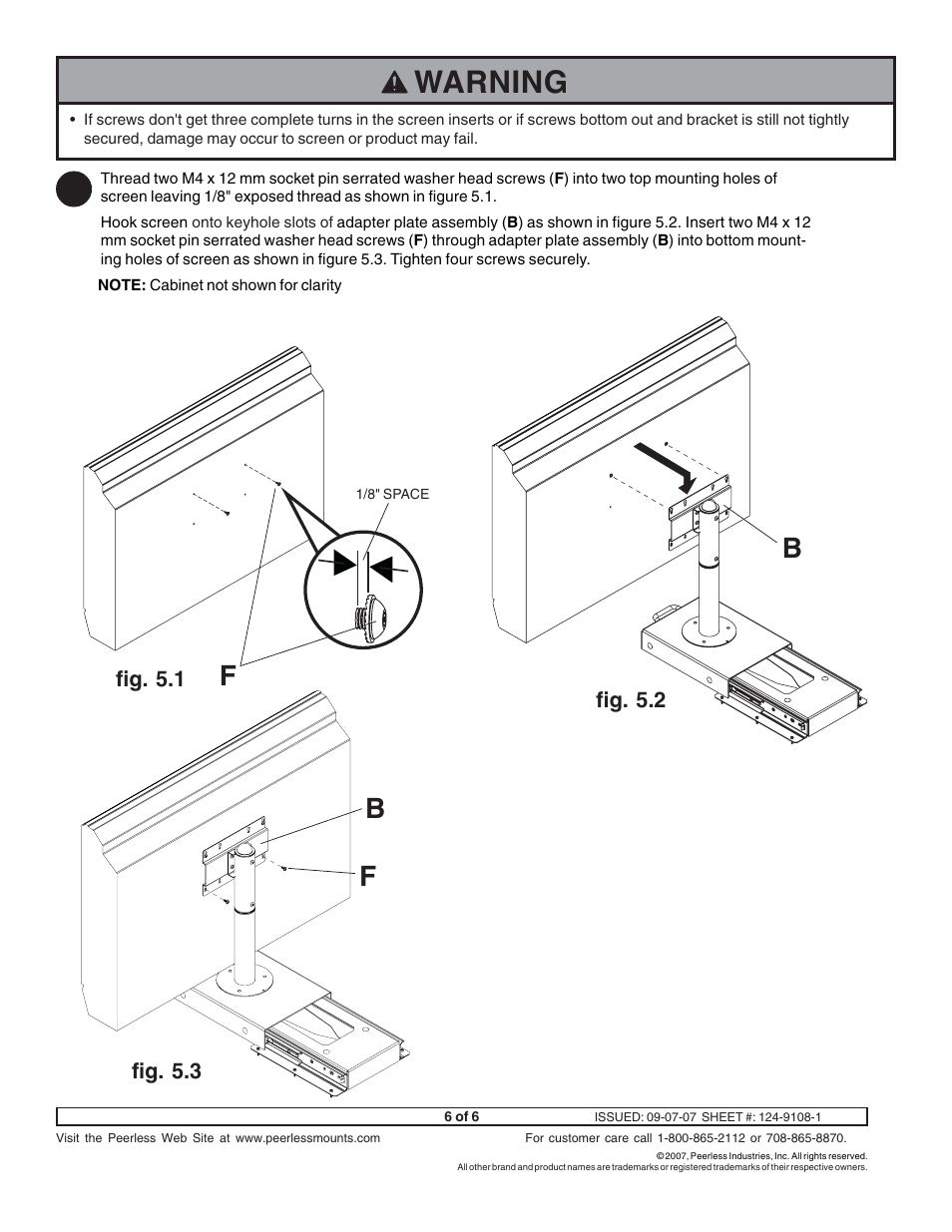Warning, Fb b f | Peerless-AV HS432-001 - Installation User Manual | Page 6 / 6