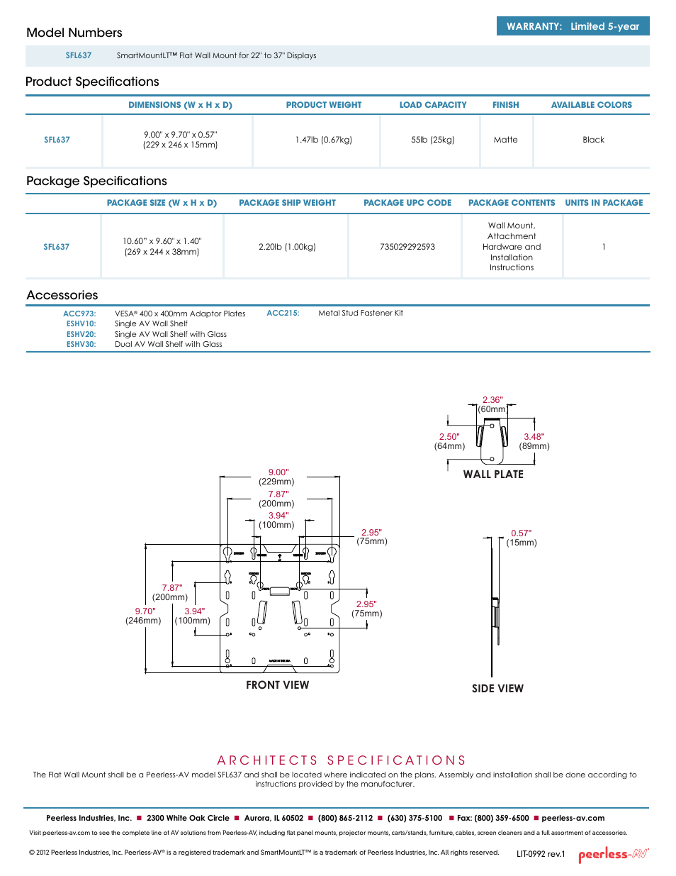 Package specifications accessories, Product specifications model numbers, Front view wall plate side view | Peerless-AV SFL637  - Sell Sheet User Manual | Page 2 / 2