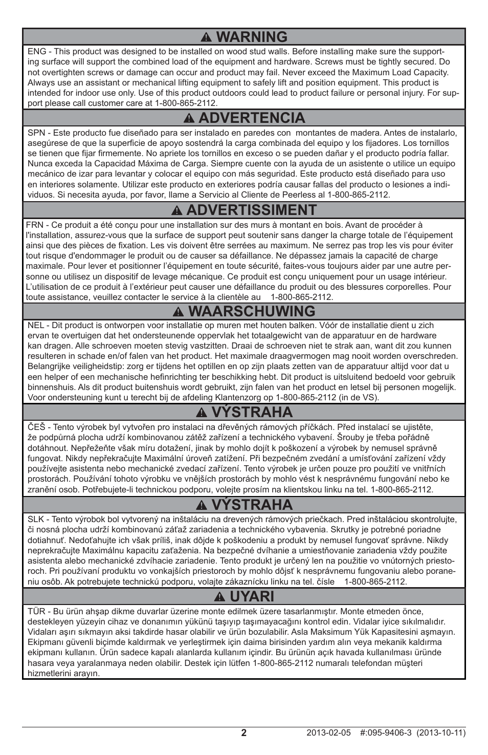 Warning, Výstraha, Advertencia | Advertissiment, Uyari, Waarschuwing | Peerless-AV IM746P - Installation User Manual | Page 2 / 24