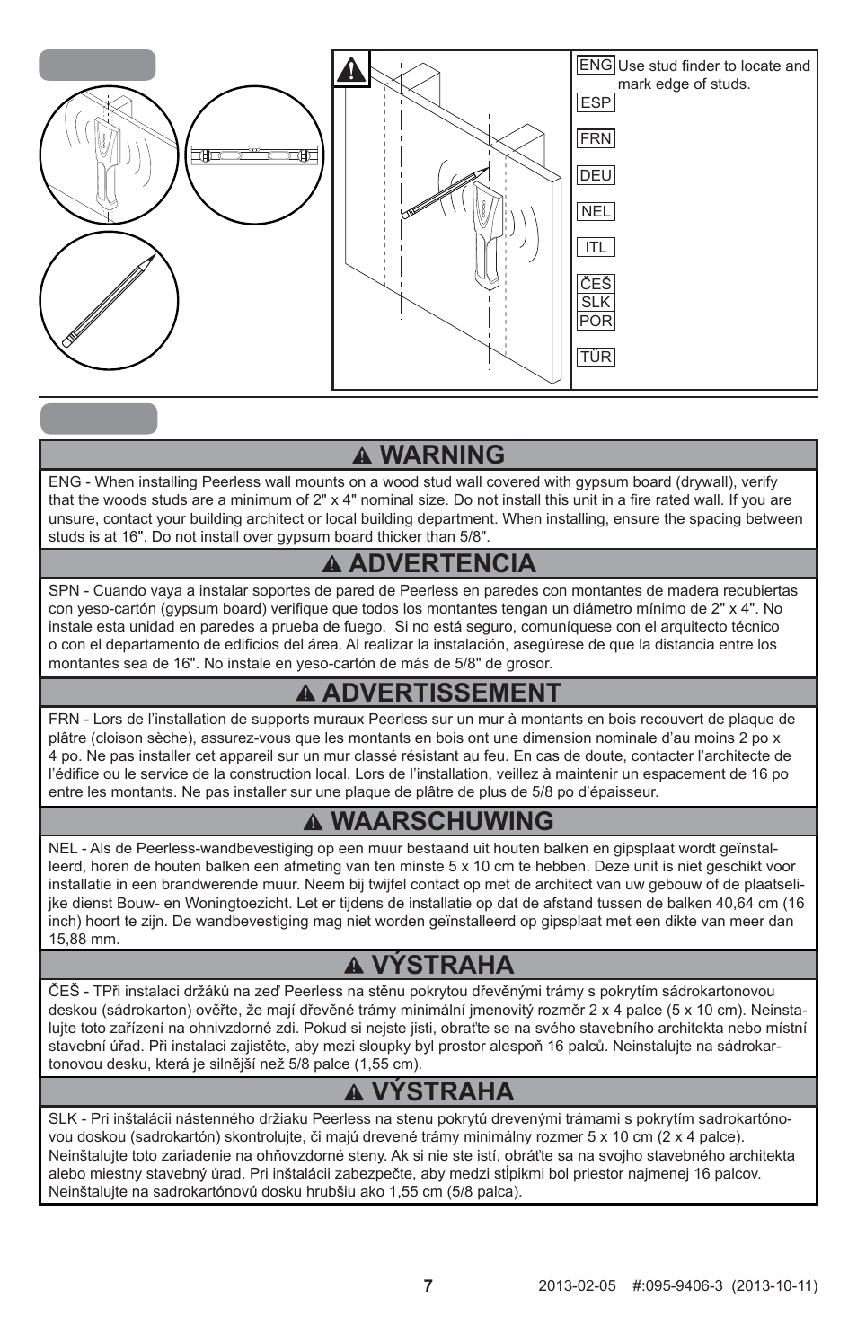 Warning, Výstraha, Advertencia | Waarschuwing, Advertissement | Peerless-AV IM746P - Installation User Manual | Page 7 / 24