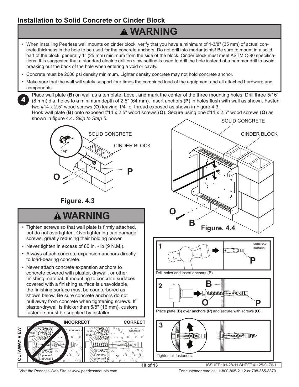 Warning, Bp o, Bo o p | Installation to solid concrete or cinder block, Figure. 4.3 figure. 4.4 | Peerless-AV GC-UNV - Installation User Manual | Page 10 / 13