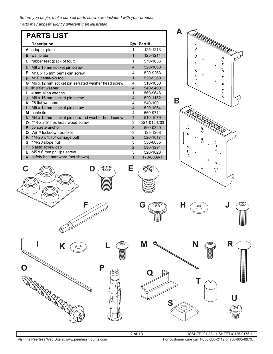 Parts list | Peerless-AV GC-UNV - Installation User Manual | Page 2 / 13