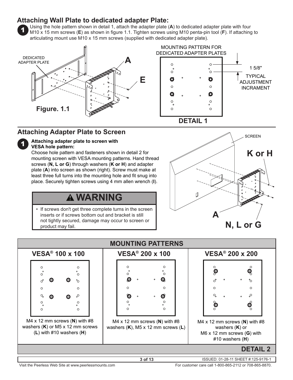 Warning, N, l or g k or h, 1attaching adapter plate to screen | Vesa, Detail 2, Detail 1 | Peerless-AV GC-UNV - Installation User Manual | Page 3 / 13
