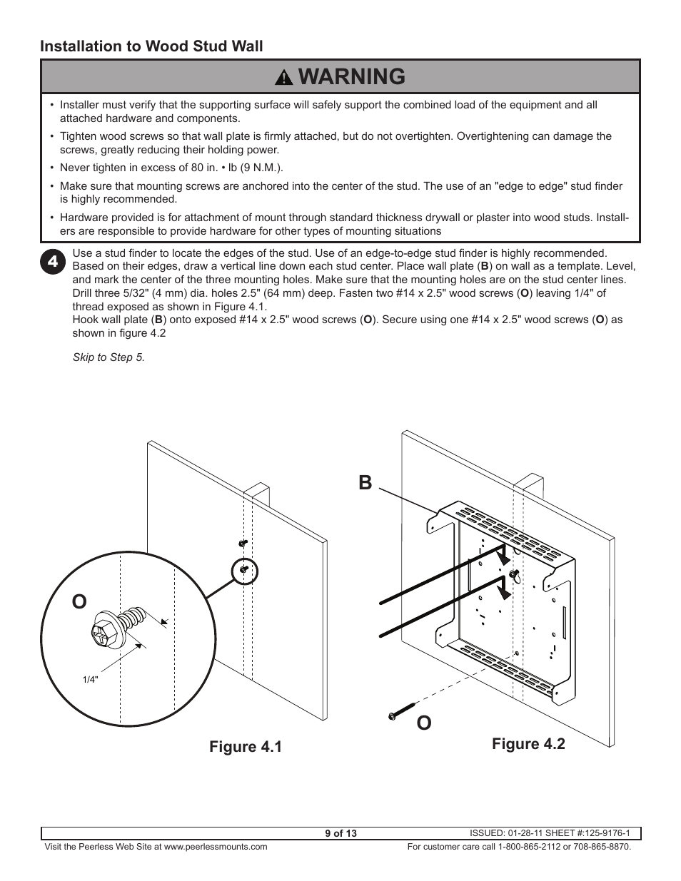 Warning, Bo o, Installation to wood stud wall | Figure 4.1 figure 4.2 | Peerless-AV GC-UNV - Installation User Manual | Page 9 / 13