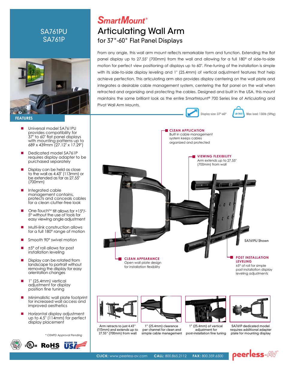 Peerless-AV SA761PU  - Sell Sheet User Manual | 2 pages