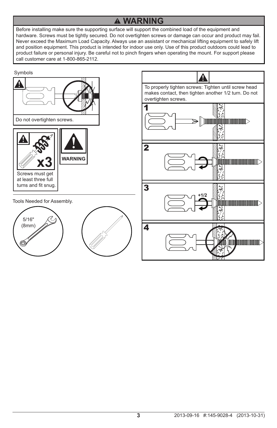 Warning | Peerless-AV DST995 - Installation User Manual | Page 3 / 13