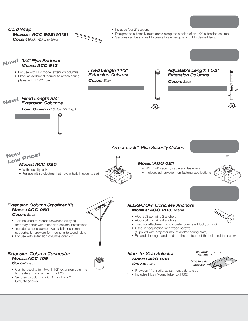 Prs series projector mount accessories, New low price, Cord management | Peerless-AV PRS-UNV-S - Installation User Manual | Page 2 / 2