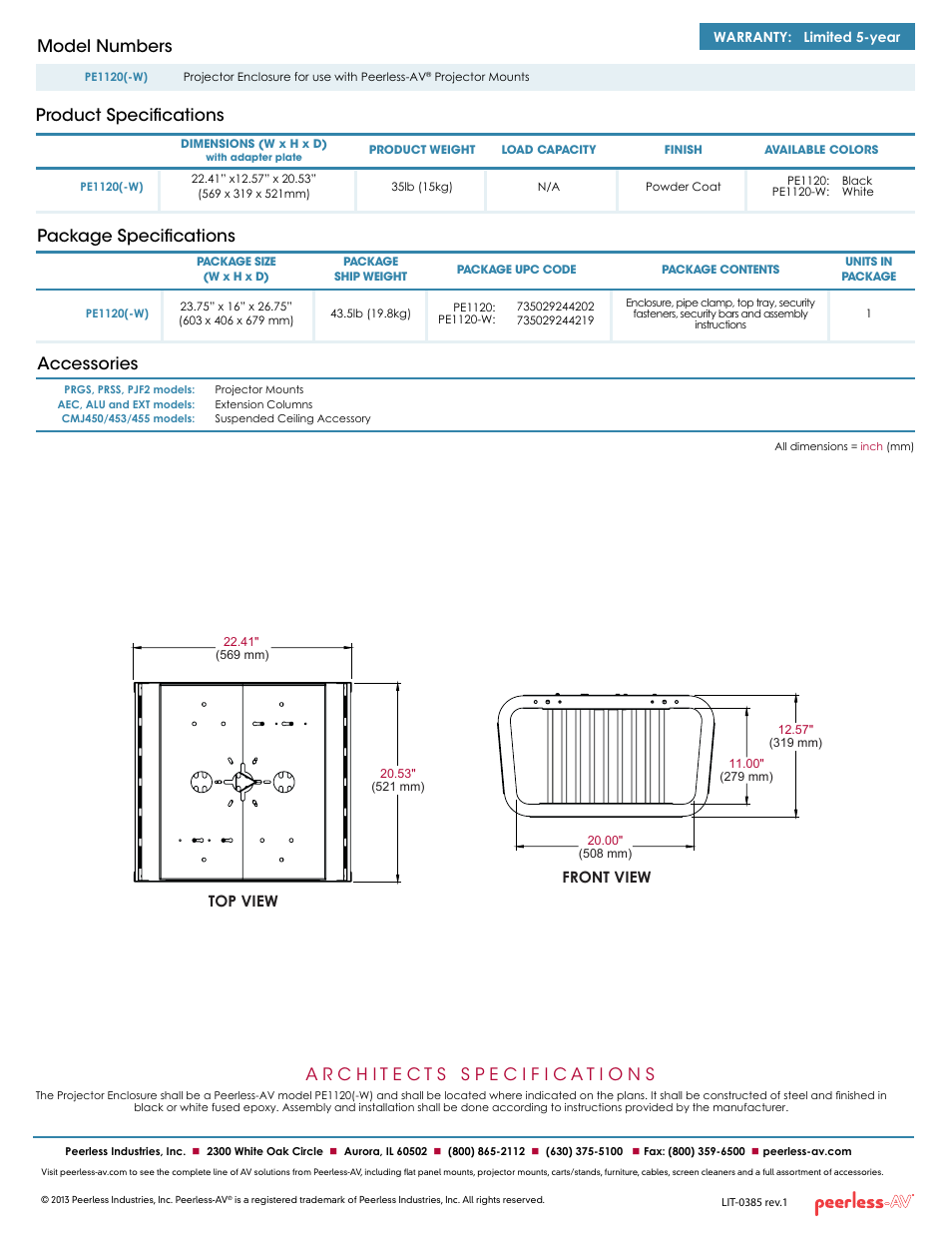 Package specifications accessories, Product specifications model numbers, Front view top view | Peerless-AV PE1120-W  - Sell Sheet User Manual | Page 2 / 2