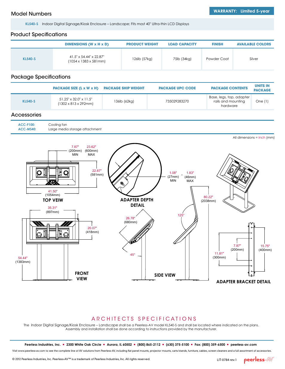 Product specifications model numbers, Package specifications accessories | Peerless-AV KL540-S  - Sell Sheet User Manual | Page 2 / 2