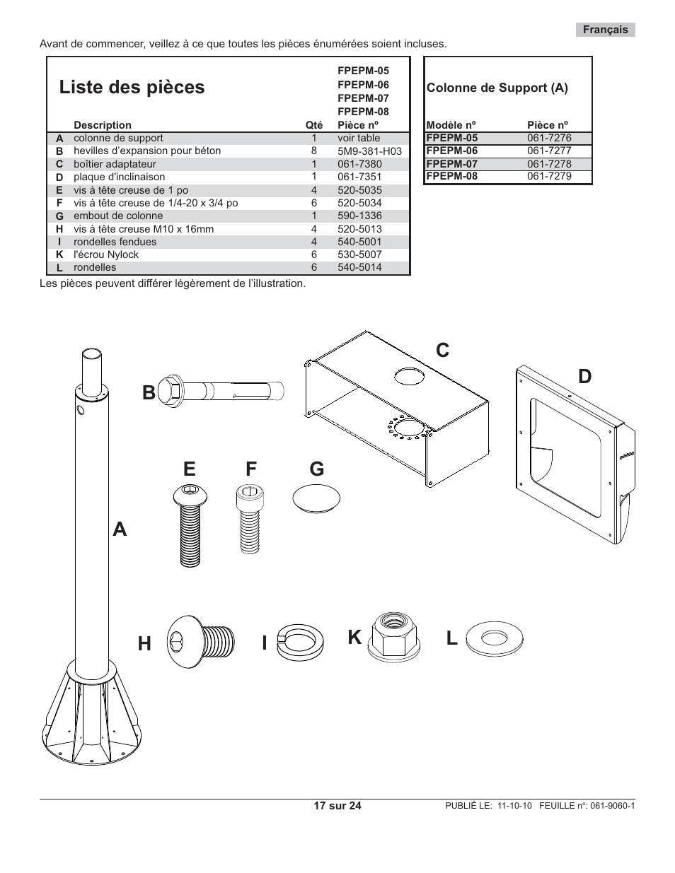 Hi k l, Liste des pièces | Peerless-AV FPEPM-08 - Installation User Manual | Page 17 / 24