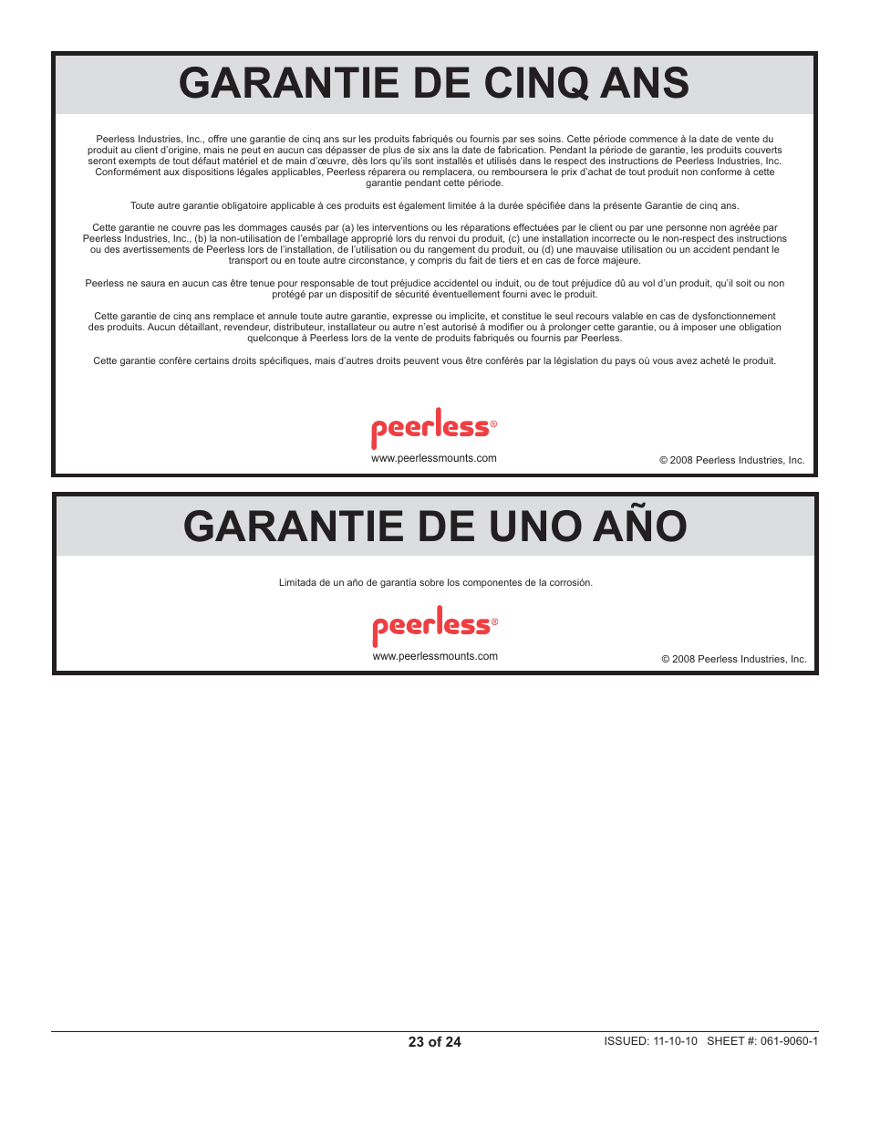 Garantie de uno año, Garantie de cinq ans | Peerless-AV FPEPM-08 - Installation User Manual | Page 23 / 24
