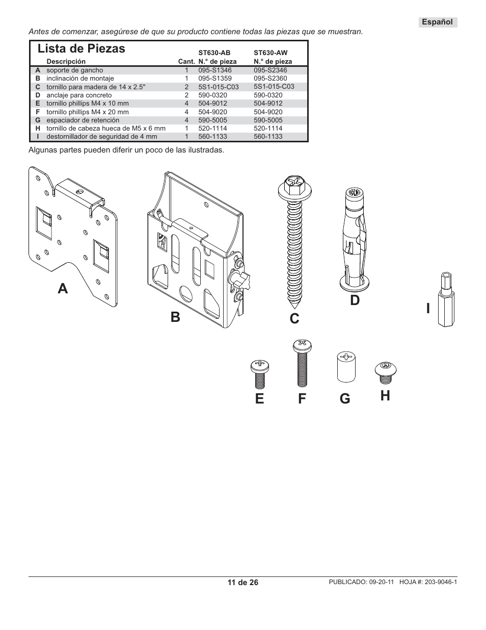Lista de piezas | Peerless-AV ST630-AW - Installation User Manual | Page 11 / 26