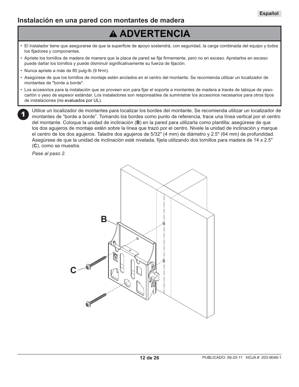Advertencia, 1instalación en una pared con montantes de madera | Peerless-AV ST630-AW - Installation User Manual | Page 12 / 26