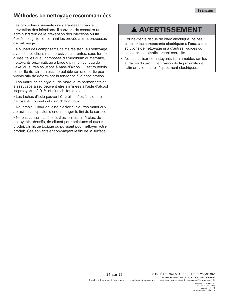 Avertissement, Méthodes de nettoyage recommandées | Peerless-AV ST630-AW - Installation User Manual | Page 24 / 26