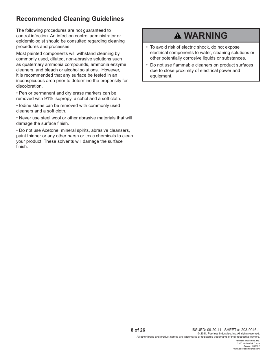 Warning, Recommended cleaning guidelines | Peerless-AV ST630-AW - Installation User Manual | Page 8 / 26
