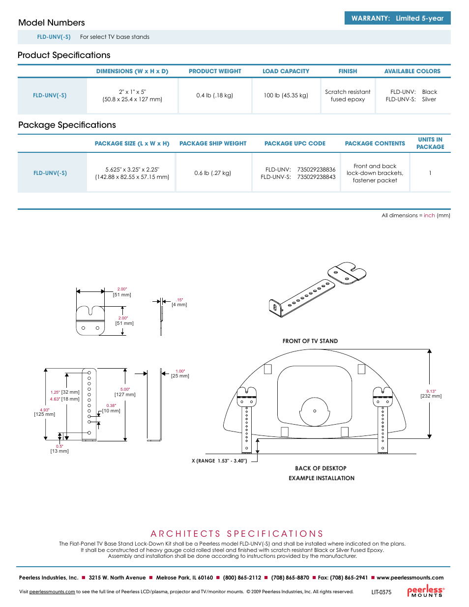 Package specifications, Product specifications model numbers, Warranty: limited 5-year | Peerless-AV FLD-UNV-S  - Sell Sheet User Manual | Page 2 / 2