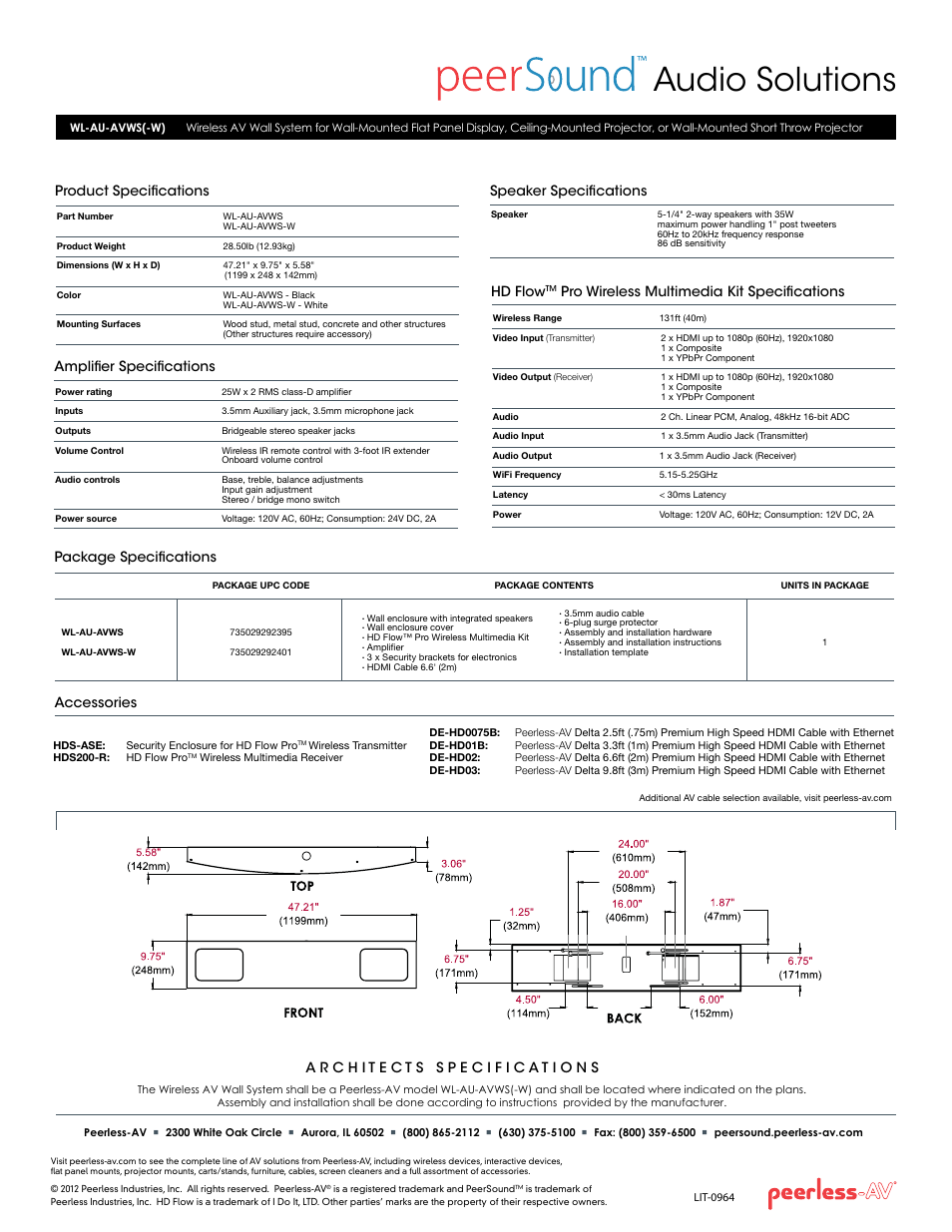 Audio solutions, Product specifications, Package specifications accessories | Hd flow, Pro wireless multimedia kit specifications, Amplifier specifications, Speaker specifications | Peerless-AV WL-AU-AVWS  - Sell Sheet User Manual | Page 2 / 2