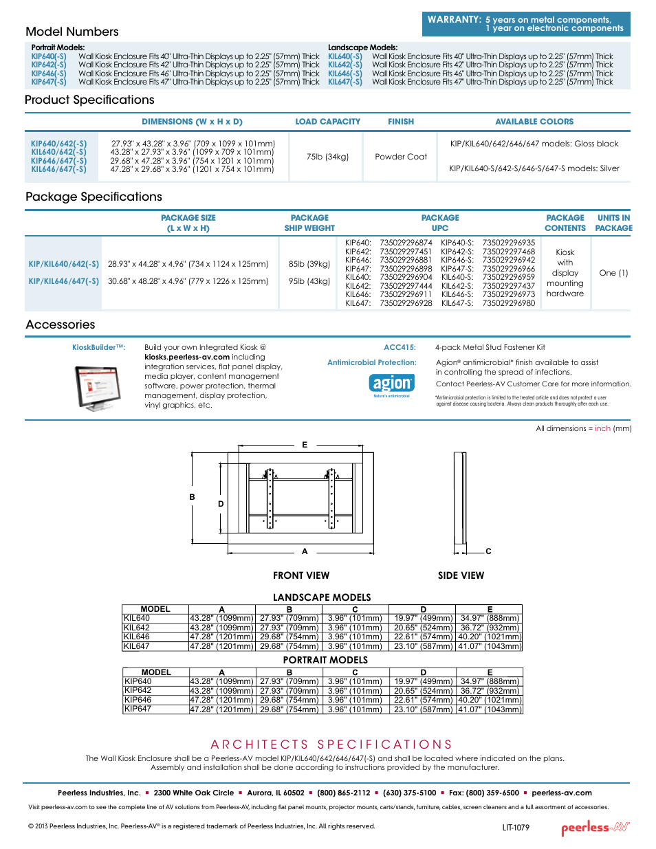 Product specifications model numbers, Package specifications accessories | Peerless-AV KIP647-S  - Sell Sheet User Manual | Page 2 / 2