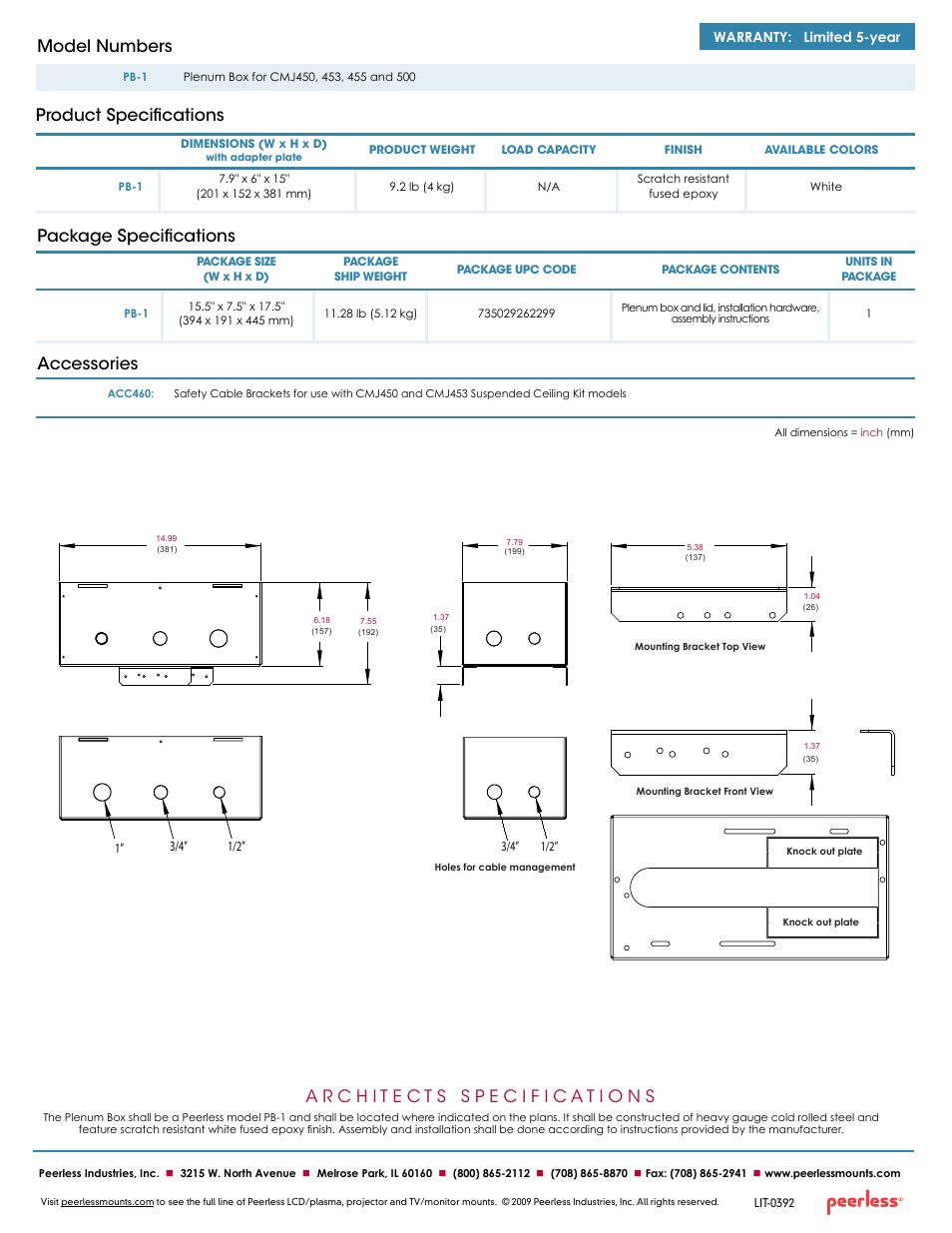 Package specifications accessories, Product specifications model numbers, Warranty: limited 5-year | Peerless-AV PB-1  - Sell Sheet User Manual | Page 2 / 2