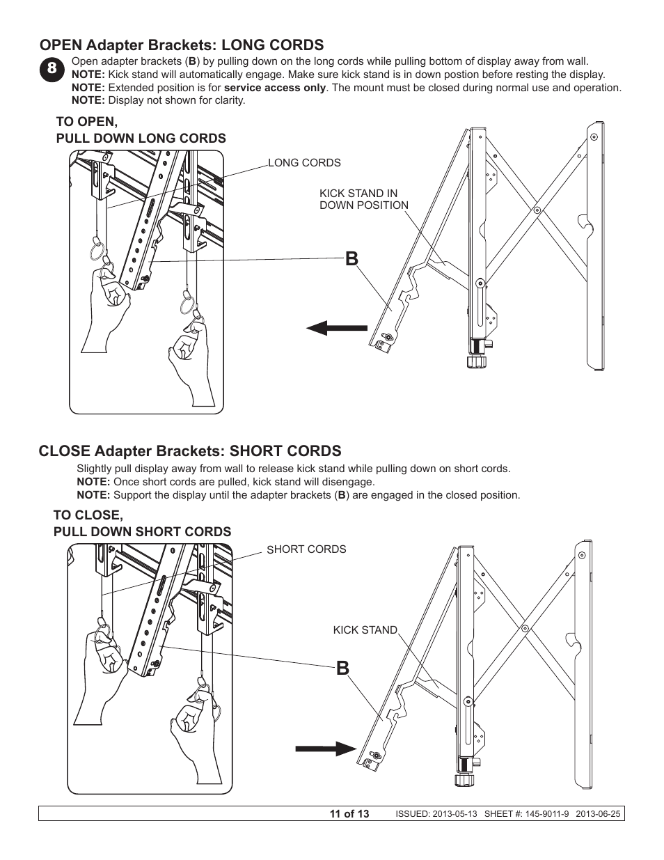 Open adapter brackets: long cords, Close adapter brackets: short cords | Peerless-AV DS-VW765-LAND - Installation User Manual | Page 11 / 13