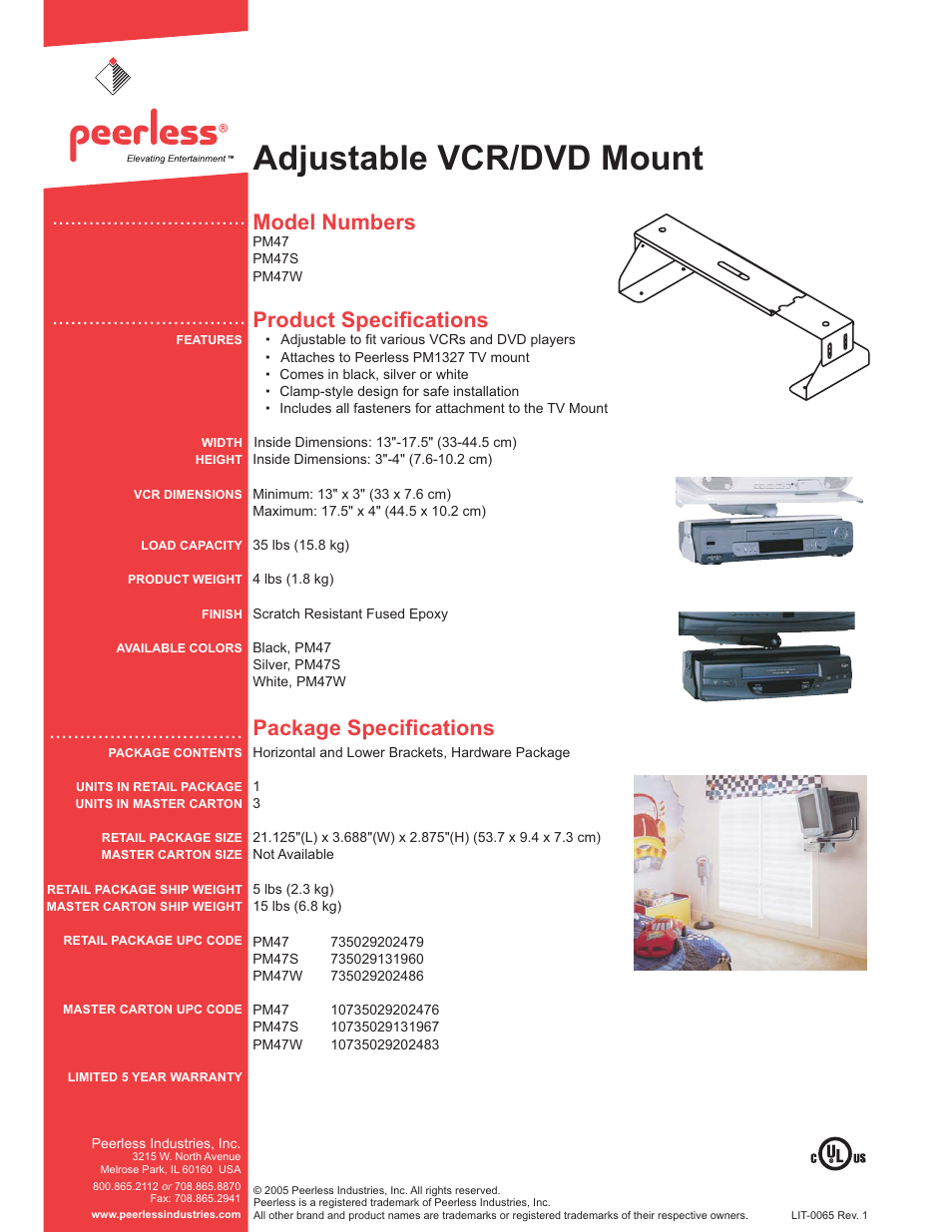 Adjustable vcr/dvd mount, Model numbers, Product specifications | Package specifications | Peerless-AV PM47S  - Sell Sheet User Manual | Page 2 / 2
