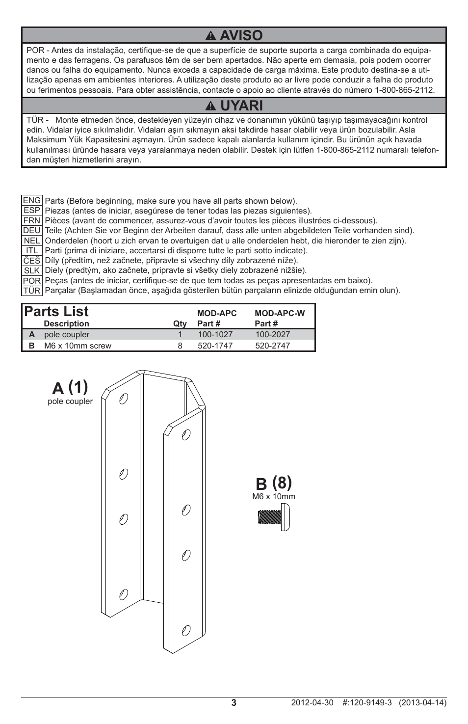 A (1) b (8), Uyari, Aviso | Parts list | Peerless-AV MOD-APC - Installation User Manual | Page 3 / 8