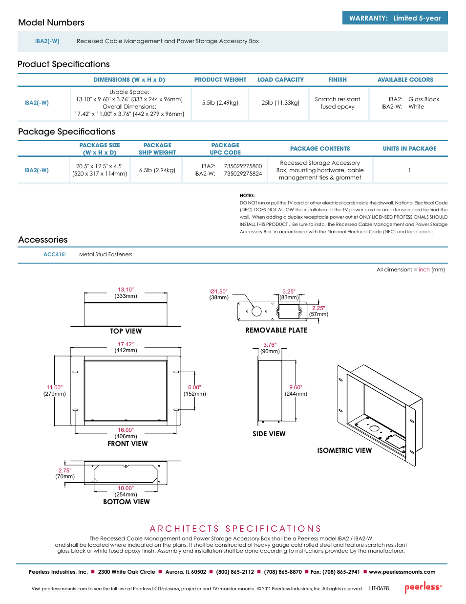 Package specifications, Product specifications model numbers, Accessories | Peerless-AV IBA2-W  - Sell Sheet User Manual | Page 2 / 2