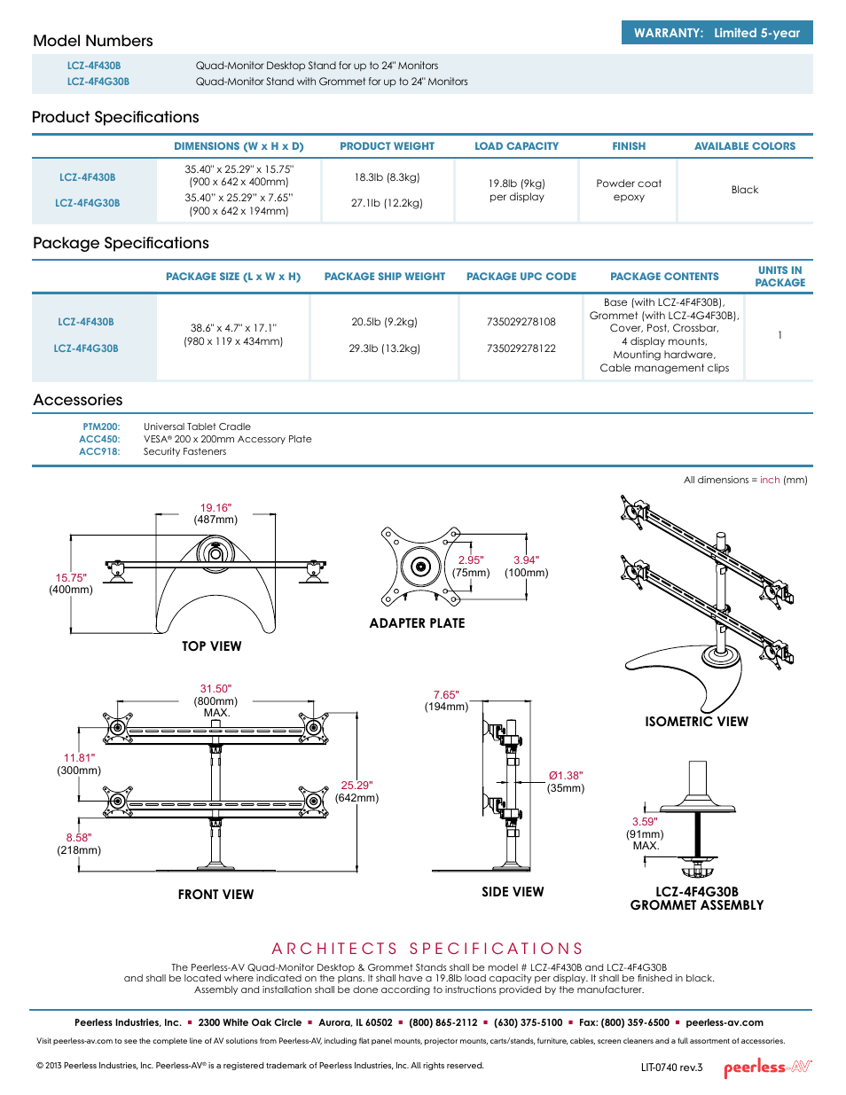 Package specifications, Product specifications model numbers, Accessories | Peerless-AV LCZ-4F4G30B  - Sell Sheet User Manual | Page 2 / 2