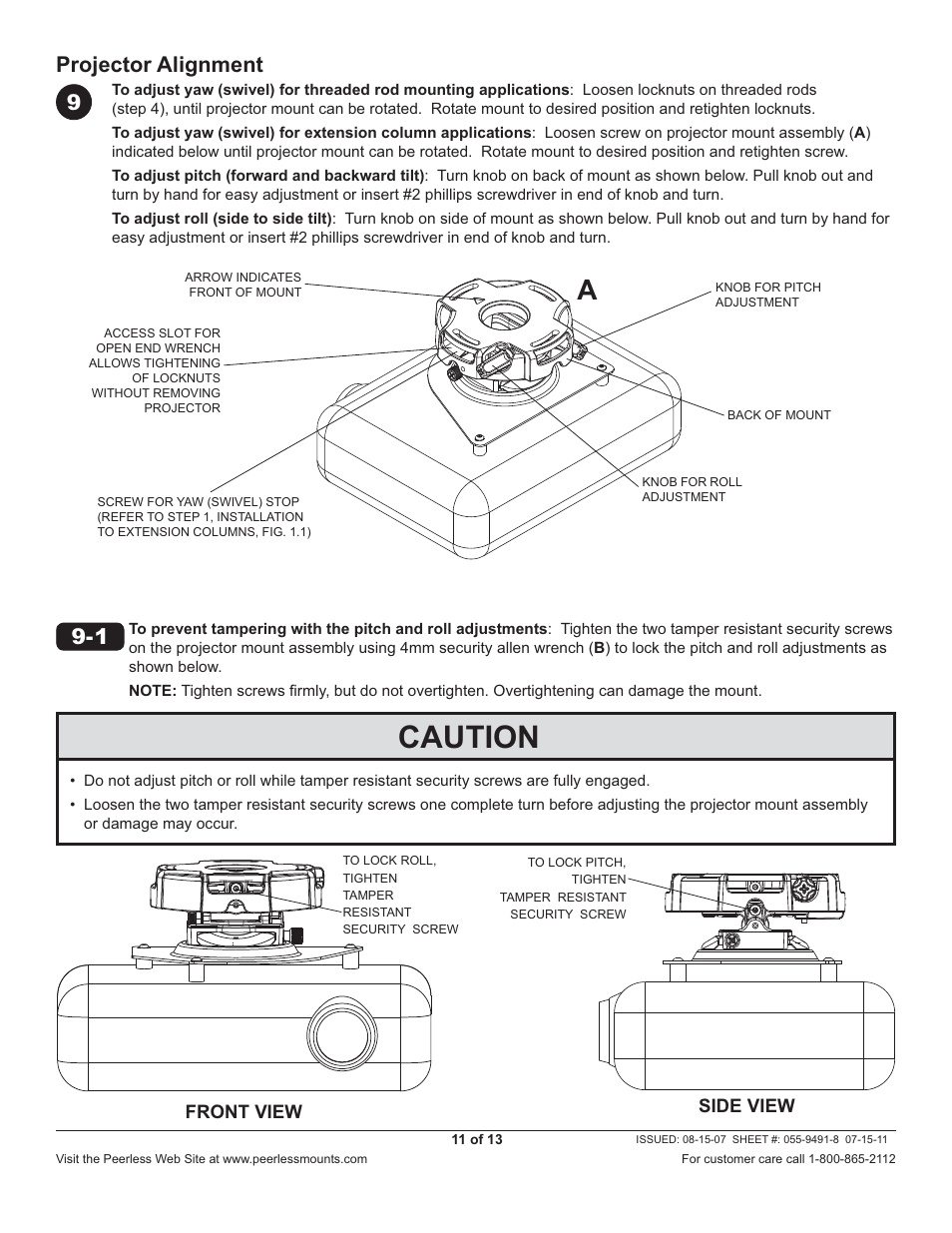 Caution, Projector alignment 9 | Peerless-AV PRG-JVC-DLA - Installation User Manual | Page 11 / 13