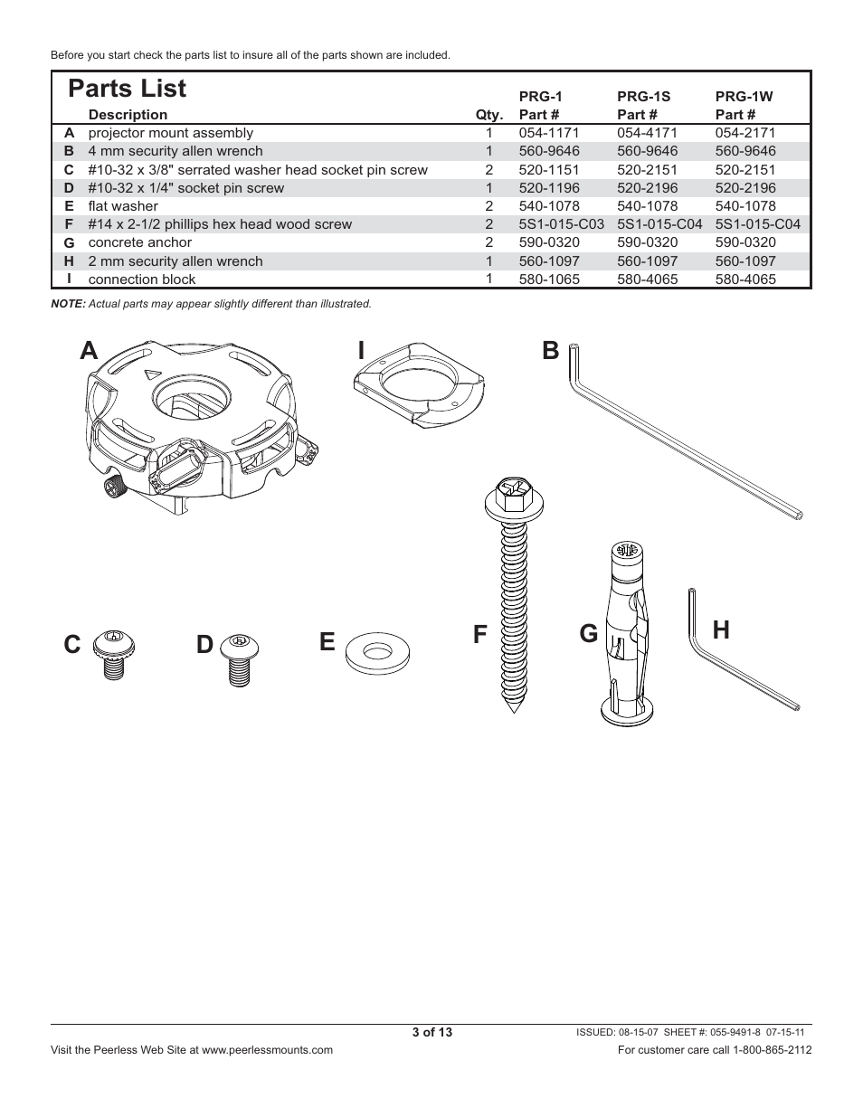 Parts list | Peerless-AV PRG-JVC-DLA - Installation User Manual | Page 3 / 13