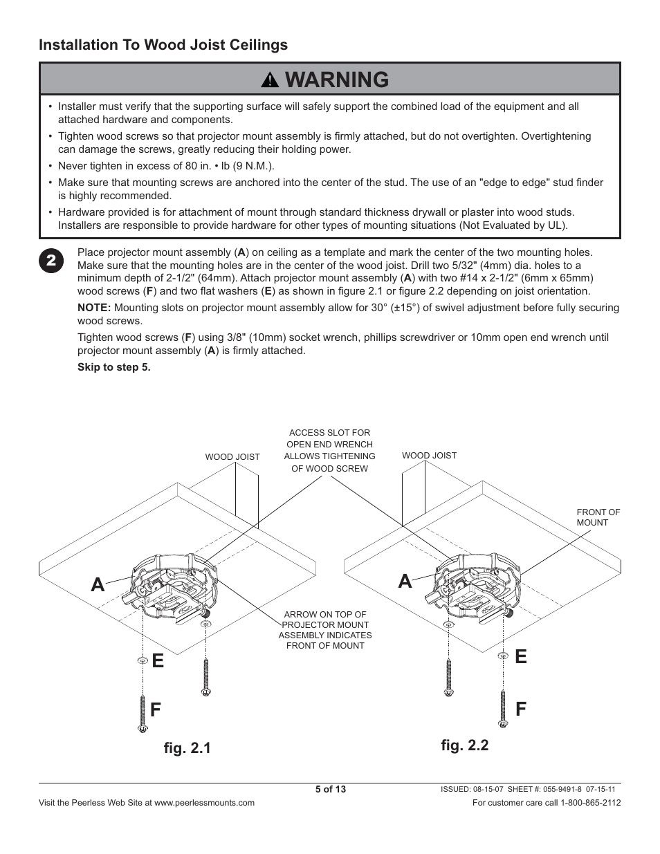 Warning, Installation to wood joist ceilings 2, Fi g. 2.1 fi g. 2.2 | Peerless-AV PRG-JVC-DLA - Installation User Manual | Page 5 / 13