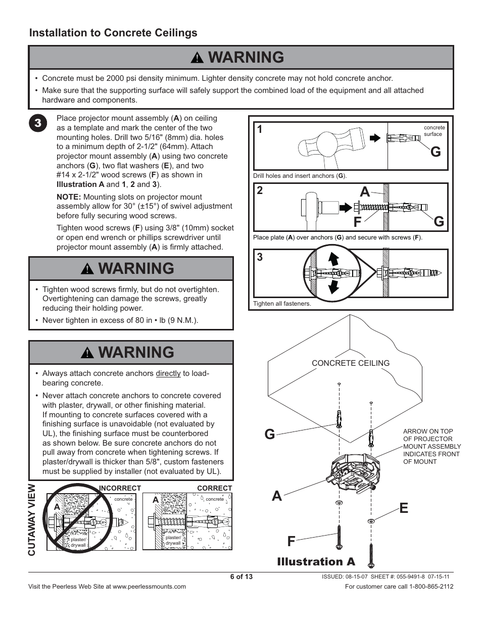 Warning, Gf e a, Ga f | Peerless-AV PRG-JVC-DLA - Installation User Manual | Page 6 / 13
