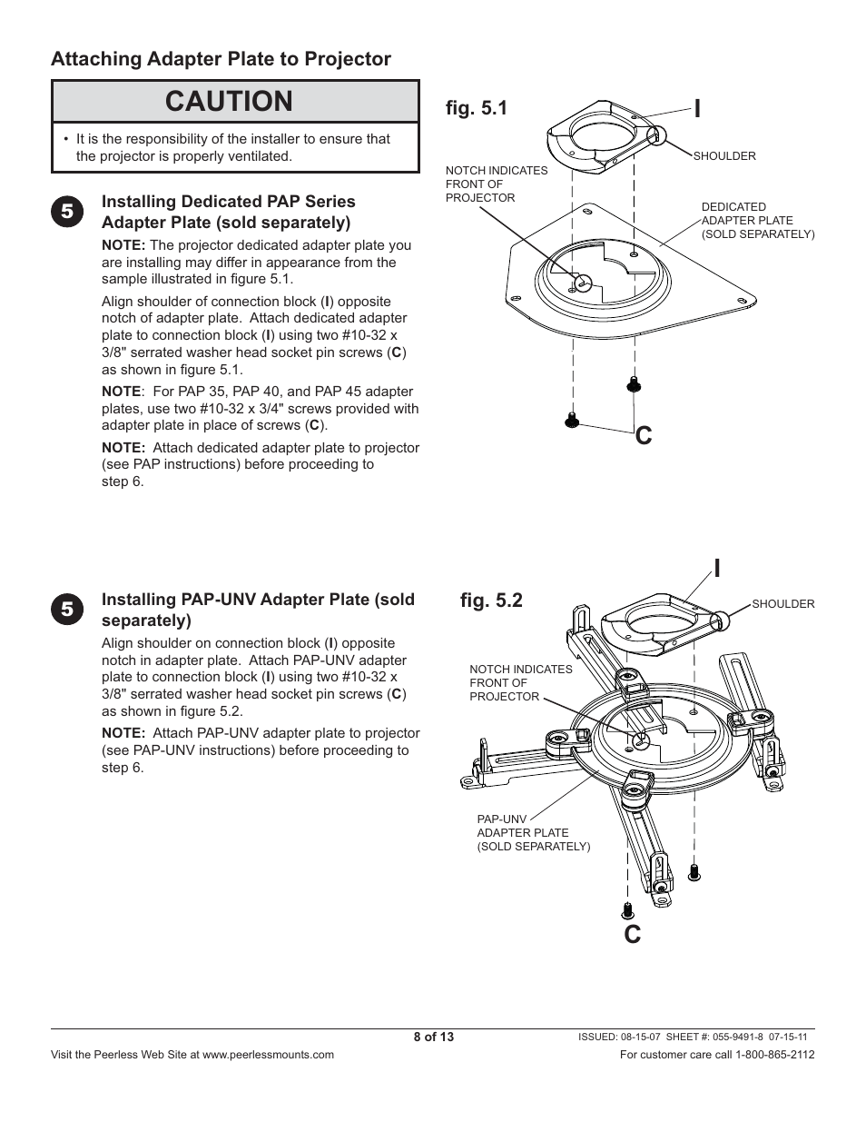 Caution, 5attaching adapter plate to projector, Fi g. 5.1 fi g. 5.2 | Peerless-AV PRG-JVC-DLA - Installation User Manual | Page 8 / 13