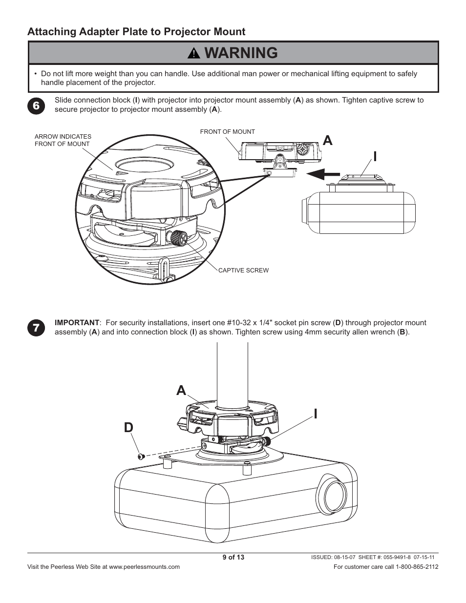 Warning, Ia d i | Peerless-AV PRG-JVC-DLA - Installation User Manual | Page 9 / 13