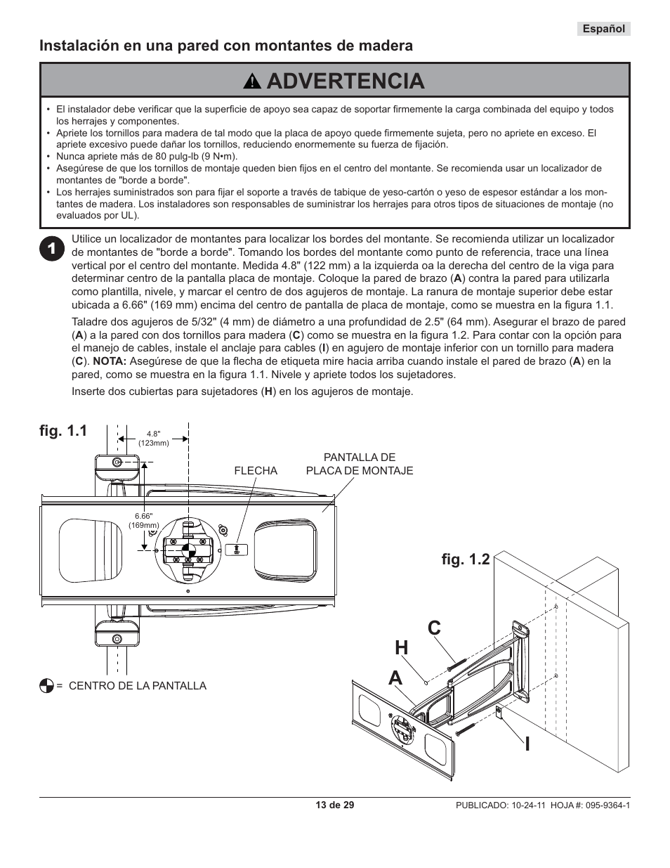 Advertencia, Ac h i, Fi g. 1.2 | Peerless-AV SUA746PU - Installation User Manual | Page 13 / 29