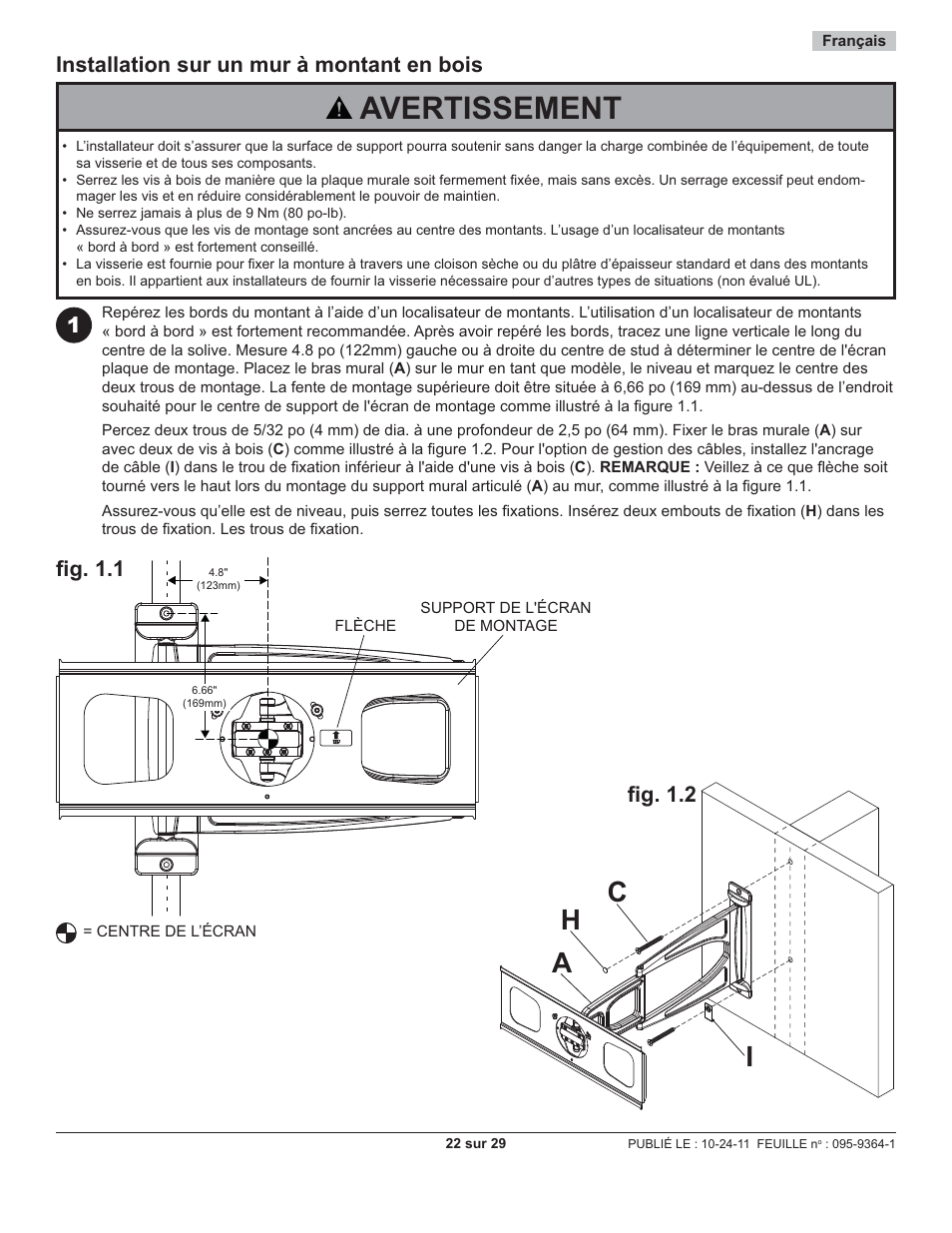 Avertissement, Ac h i, Installation sur un mur à montant en bois | Fi g. 1.1, Fi g. 1.2 | Peerless-AV SUA746PU - Installation User Manual | Page 22 / 29
