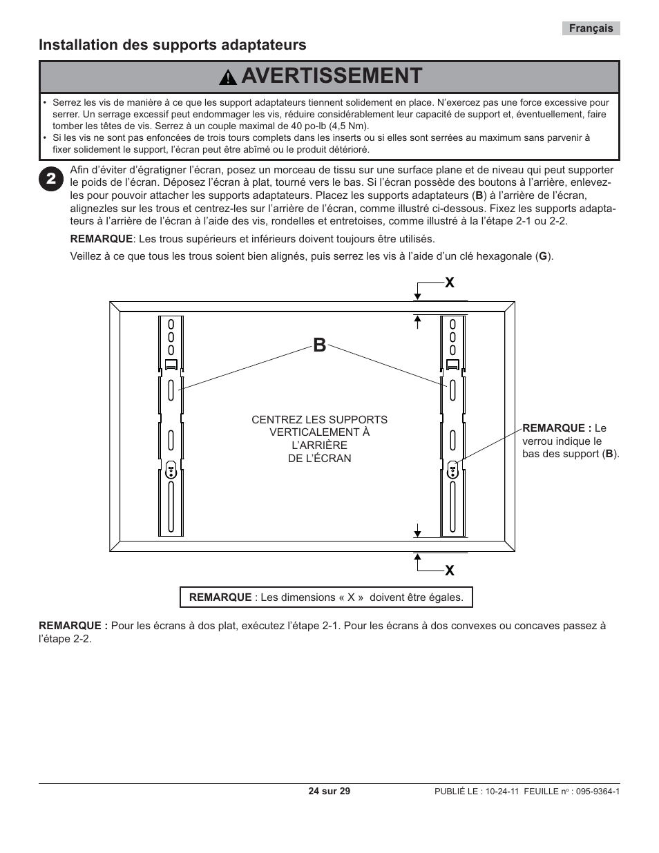 Avertissement, Installation des supports adaptateurs | Peerless-AV SUA746PU - Installation User Manual | Page 24 / 29
