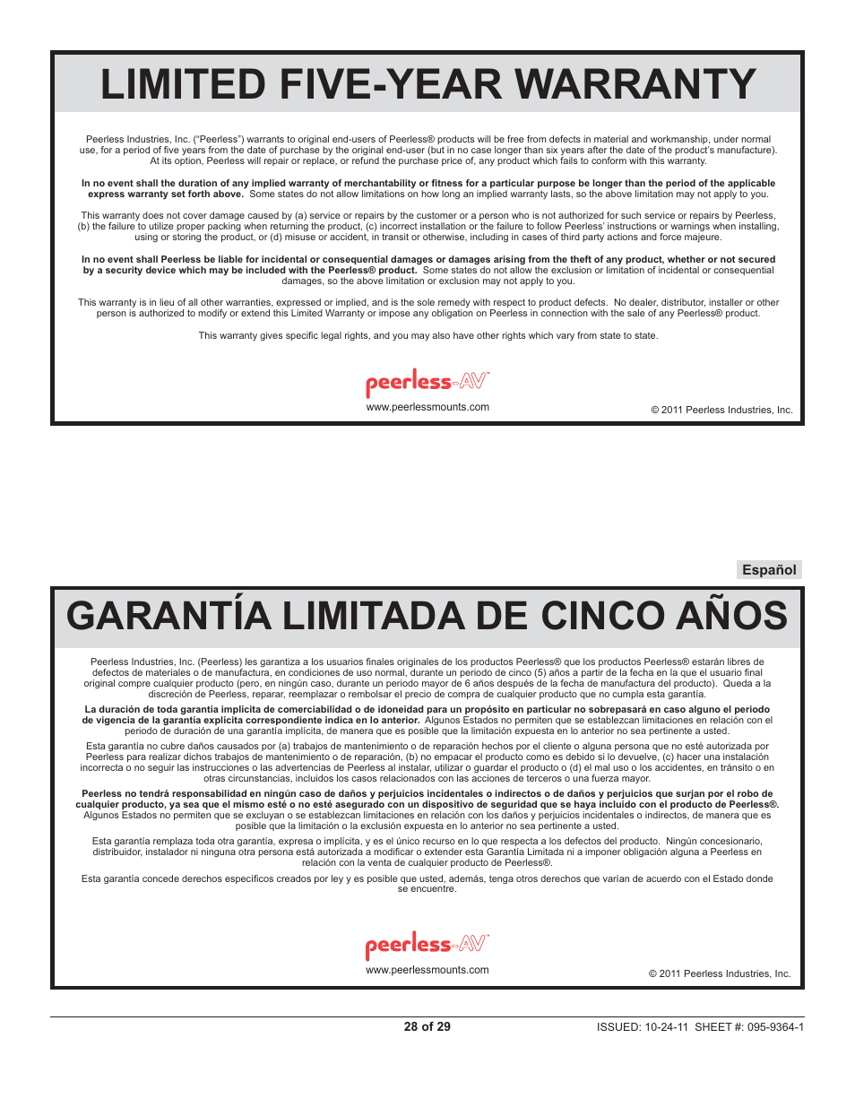 Limited five-year warranty, Garantía limitada de cinco años | Peerless-AV SUA746PU - Installation User Manual | Page 28 / 29