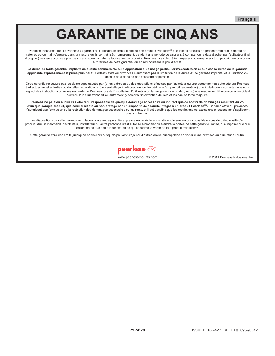 Garantie de cinq ans, Français | Peerless-AV SUA746PU - Installation User Manual | Page 29 / 29