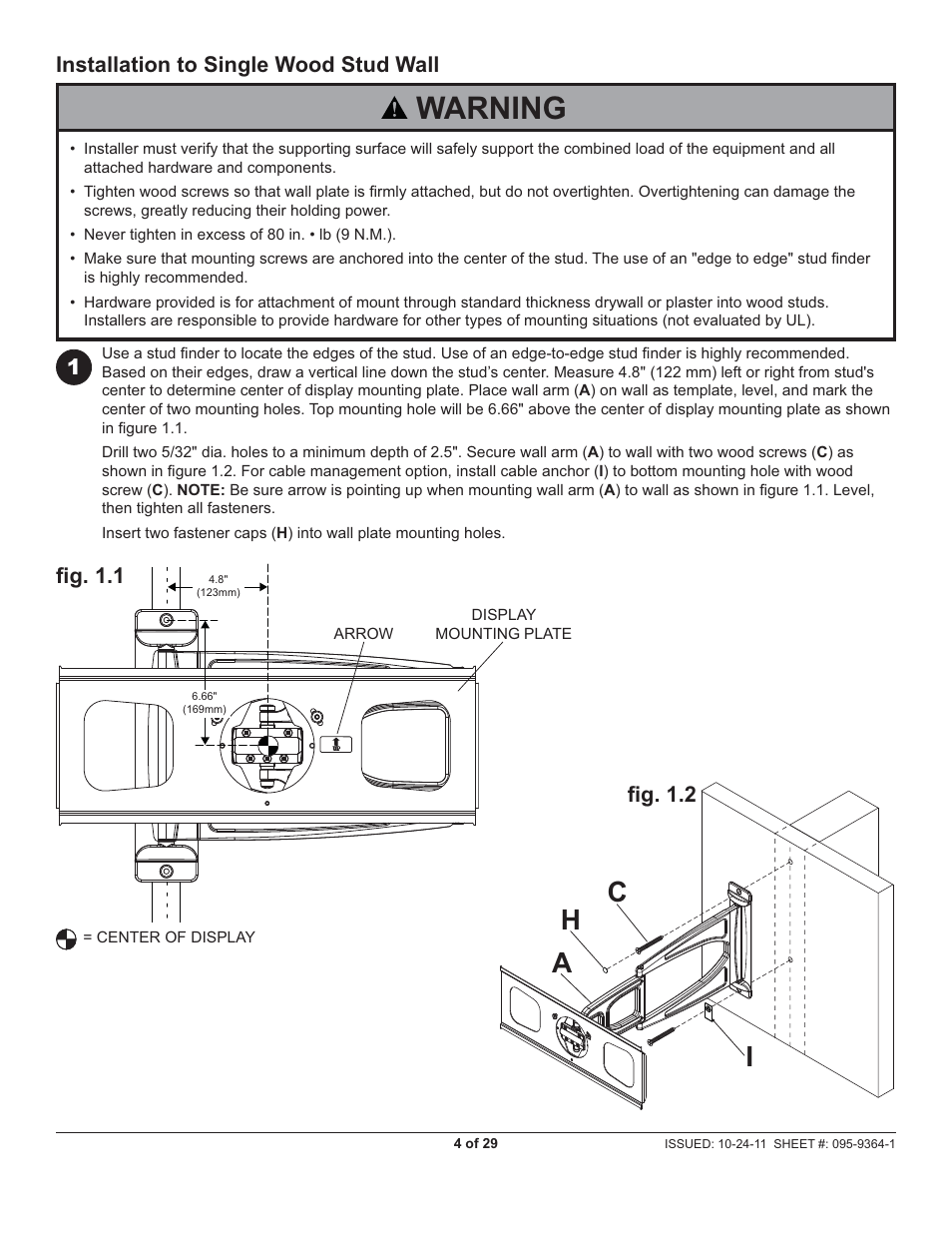 Warning, Ac h i, Fi g. 1.1 | Installation to single wood stud wall, 1fi g. 1.2 | Peerless-AV SUA746PU - Installation User Manual | Page 4 / 29