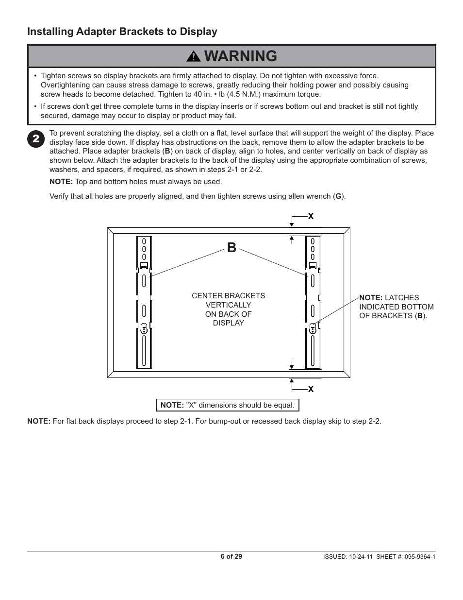 Warning, Installing adapter brackets to display | Peerless-AV SUA746PU - Installation User Manual | Page 6 / 29