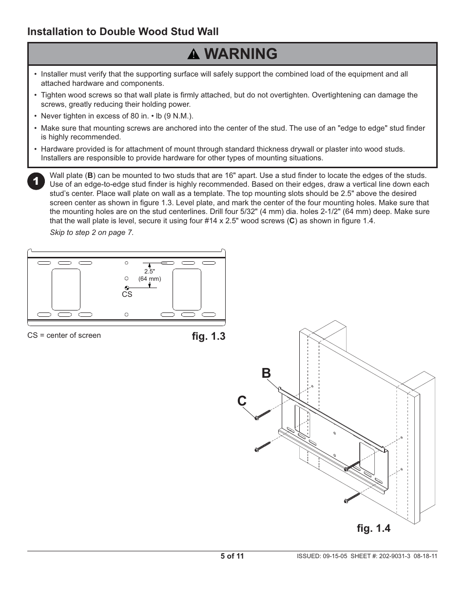 Warning, Installation to double wood stud wall, Fi g. 1.4 | 1fi g. 1.3 | Peerless-AV ST16D - Installation User Manual | Page 5 / 11