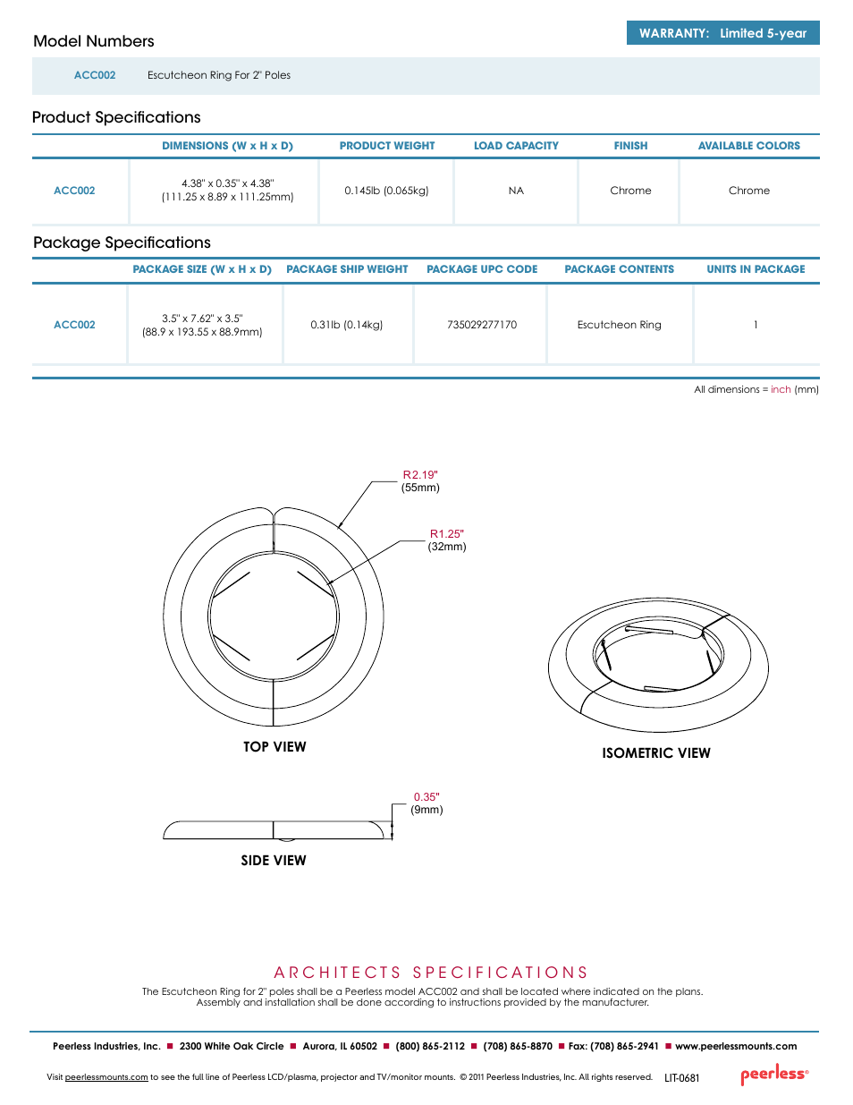 Package specifications, Product specifications model numbers, Side view | Top view isometric view | Peerless-AV ACC002  - Sell Sheet User Manual | Page 2 / 2