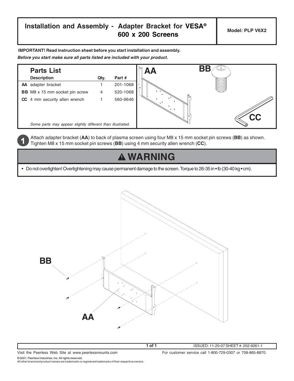 Peerless-AV PLP-V6X2 - Installation User Manual | 1 page